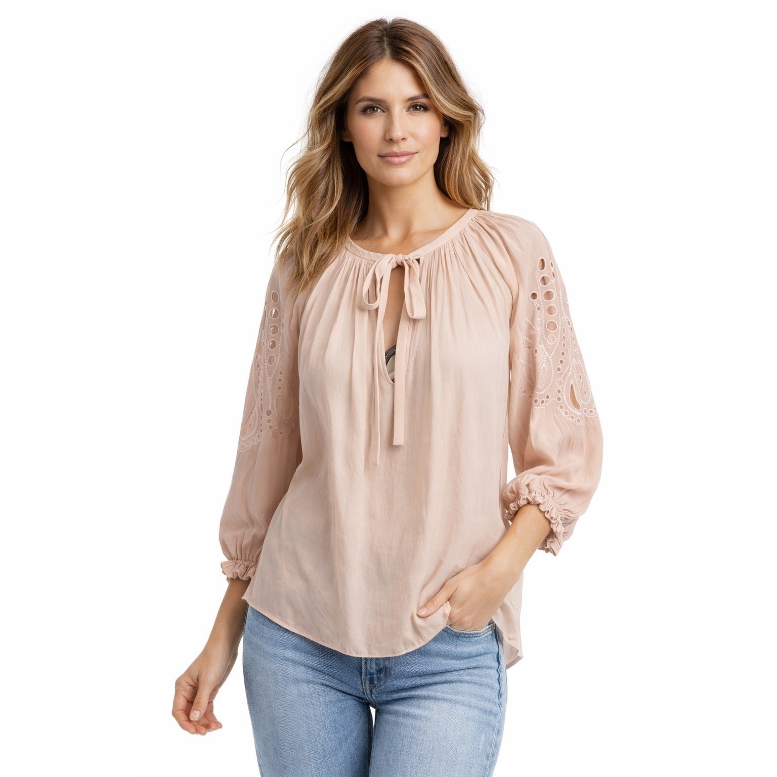 Ramy Brook Blouse Zenaida Eyelet Blush Pink Tie Neck Embroidered Top M